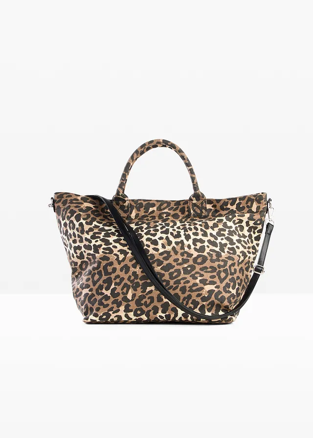 Cabas en toile à imprimé léopard, Couleur: beige naturel-marron-noir léopard