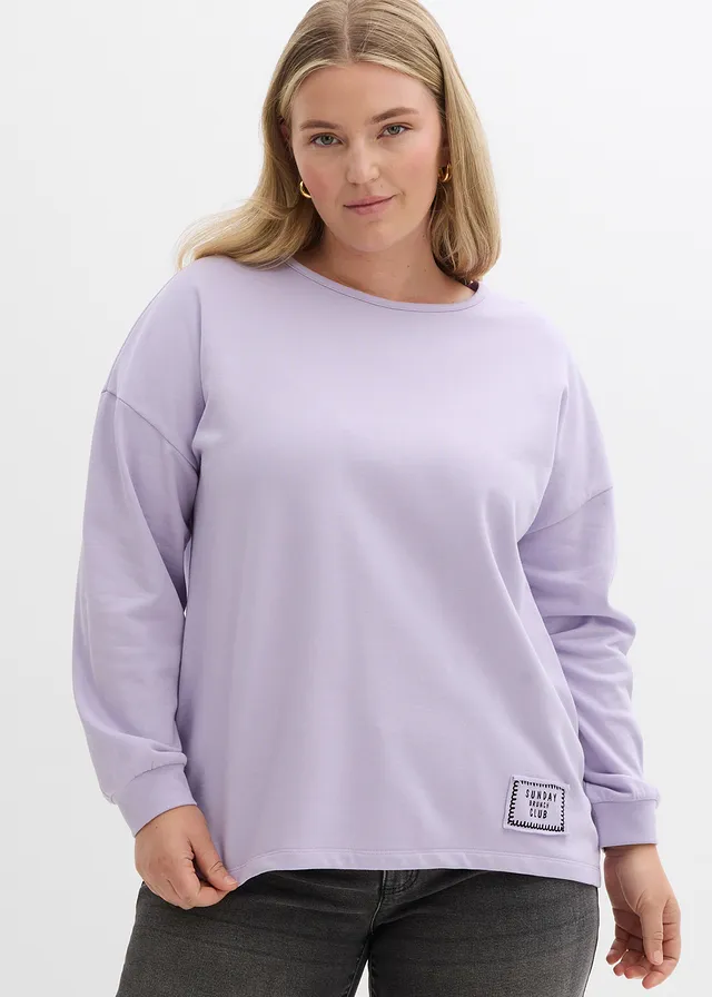 Longsleeve van katoenmix met high-low zoom, Kleur: zacht lila