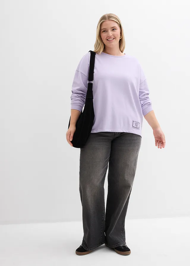 Longsleeve van katoenmix met high-low zoom, Kleur: zacht lila