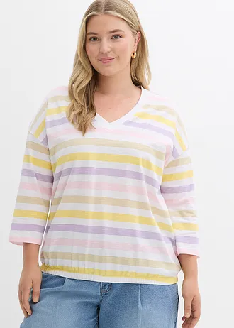 Bluzka z bawełny organicznej slub, rękawy 3/4, kolor: pudrowy bez-kremowy bez-zielono-miętowy-kremowy-biały w paski