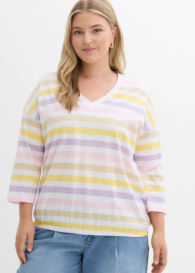 T-shirt en coton flammé, manches 3/4, Couleur: mauve poudré rayé