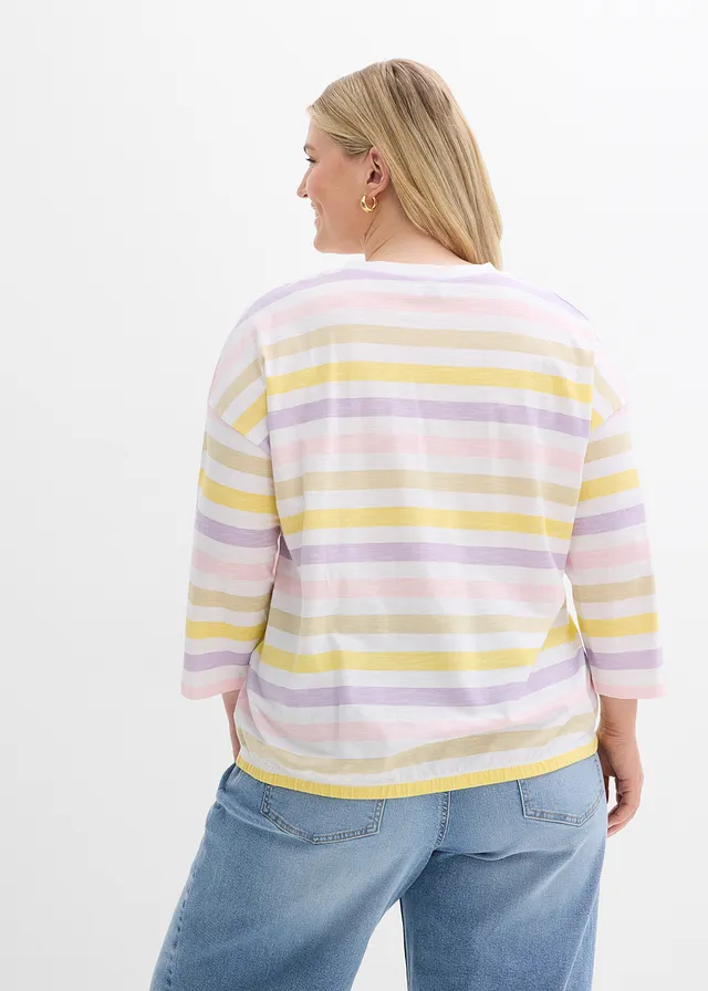 T-shirt en coton flammé, manches 3/4, Couleur: mauve poudré rayé