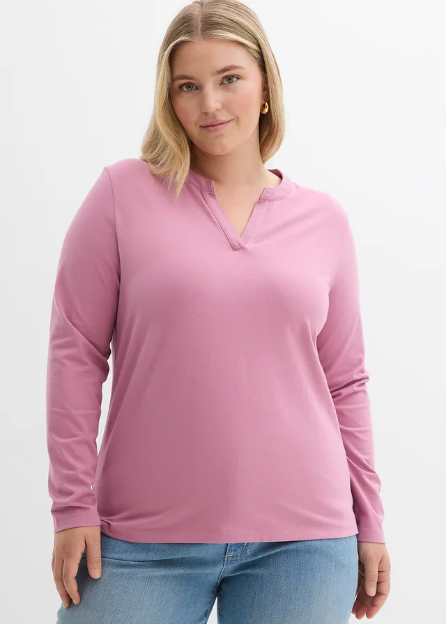 T-shirt long à col tunisien, Couleur: mauve