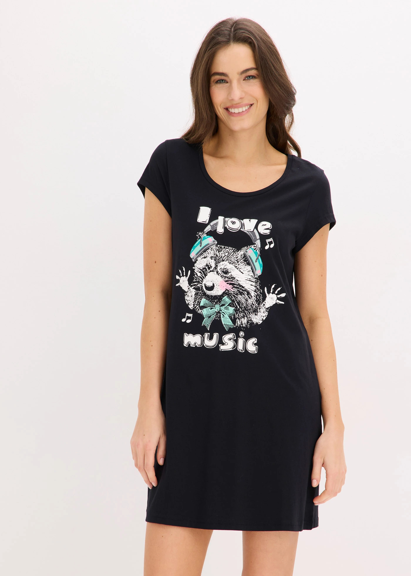 Chemise de nuit courte 100% coton • noir imprimé • Boutique bonprix