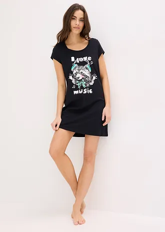 Chemise de nuit courte 100% coton • noir imprimé • Boutique bonprix