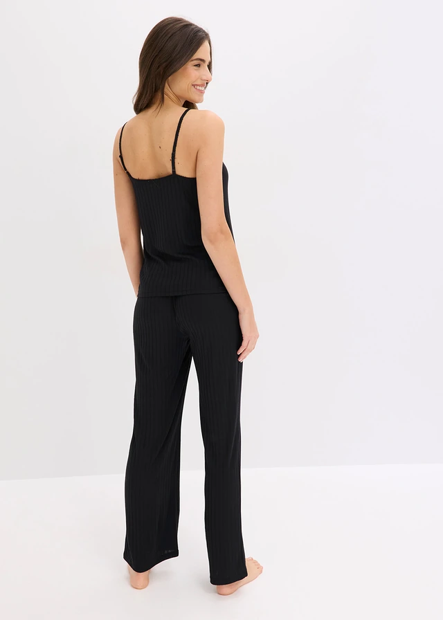 Pyjama van zachte pointelle jersey, Kleur: zwart