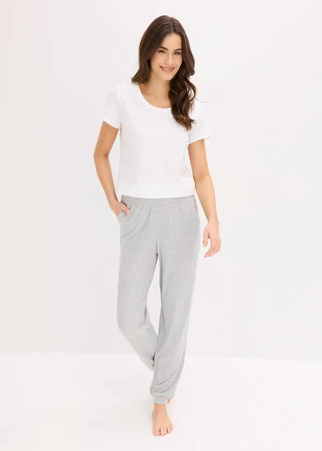 Huispak broek van lichte viscose ribstof, Kleur: lichtgrijs gemêleerd