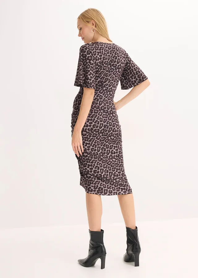 Midi jurk met plooien, Kleur: bruin-zwart luipaardprint