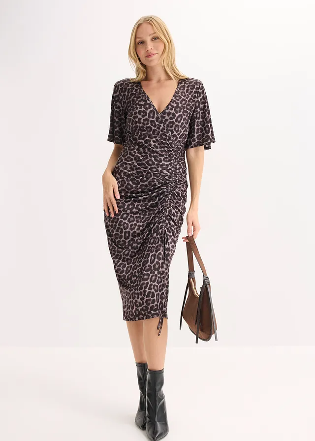 Midi jurk met plooien, Kleur: bruin-zwart luipaardprint
