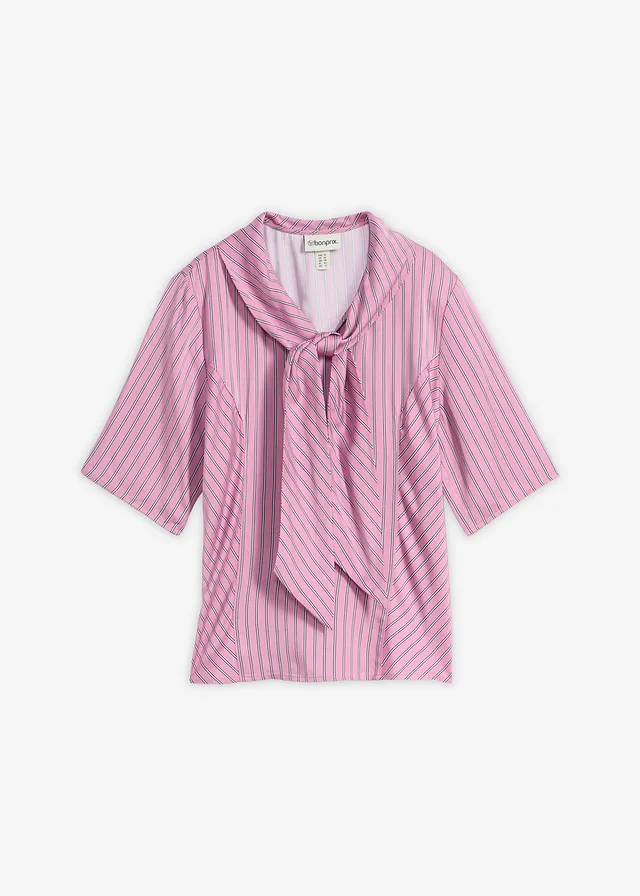 Blouse à lavallière en modal doux, Couleur: mauve-bleu foncé-blanc rayé