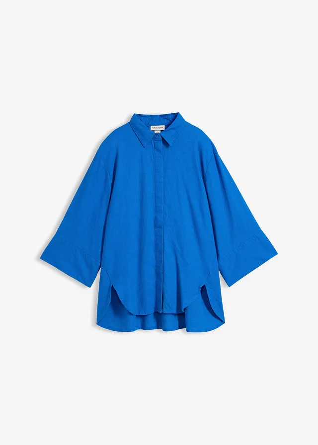 Overhemdblouse in een koele linnenmix, Kleur: arctisch blauw