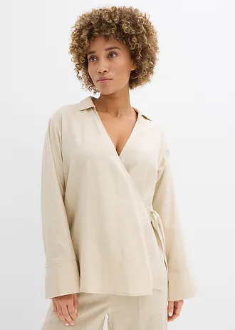 Wikkelblouse van linnenmix, Kleur: lichtsand