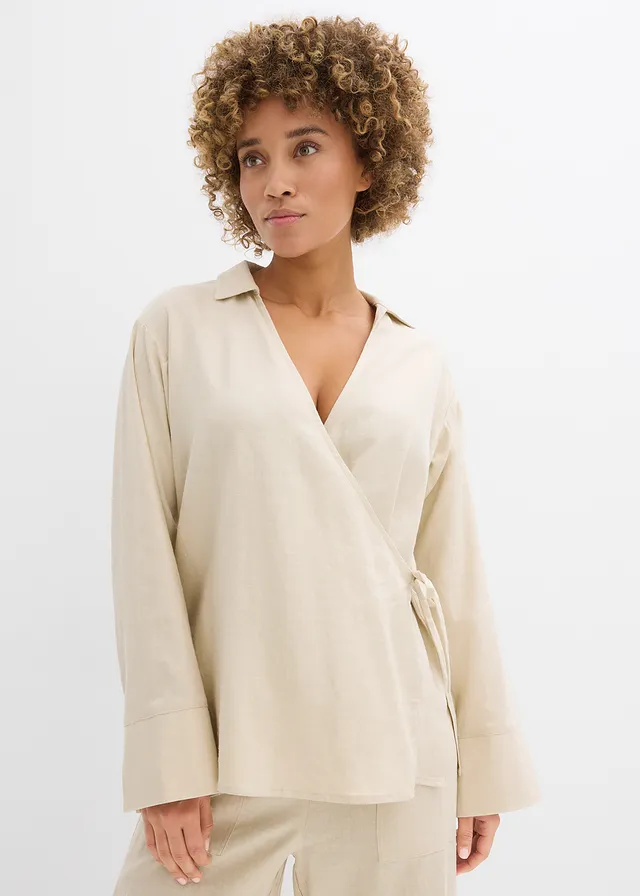 Chemisier cache-cœur en lin mélangé, Couleur: sable clair