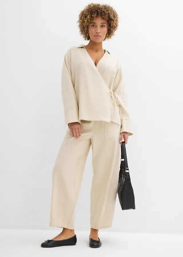Pantalon barrel léger en lin mélangé, Couleur: sable clair