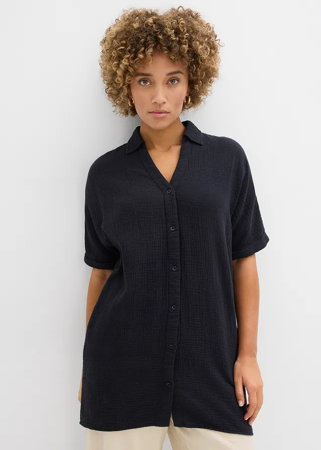 Lange, oversized blouse van mousseline • zwart • product-page.page-title-suffix