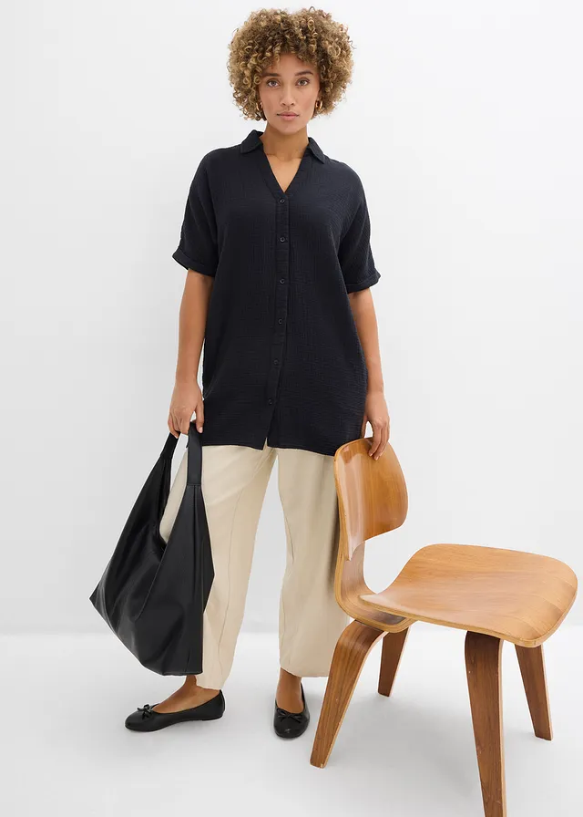 Lange, oversized blouse van mousseline • zwart • product-page.page-title-suffix
