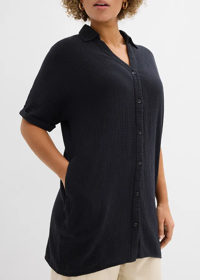 Lange, oversized blouse van mousseline • zwart • product-page.page-title-suffix