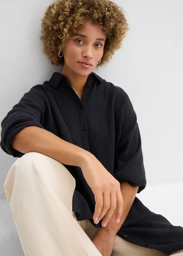 Chemisier en gaze 100% coton • noir • Boutique bonprix