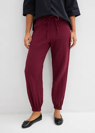 Pantalon en gaze de coton avec ceinture smockée, Couleur: rouge érable