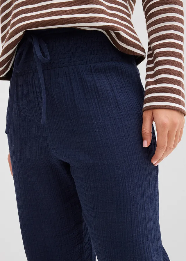 Mousseline broek met gesmokte band • donkerblauw • product-page.page-title-suffix