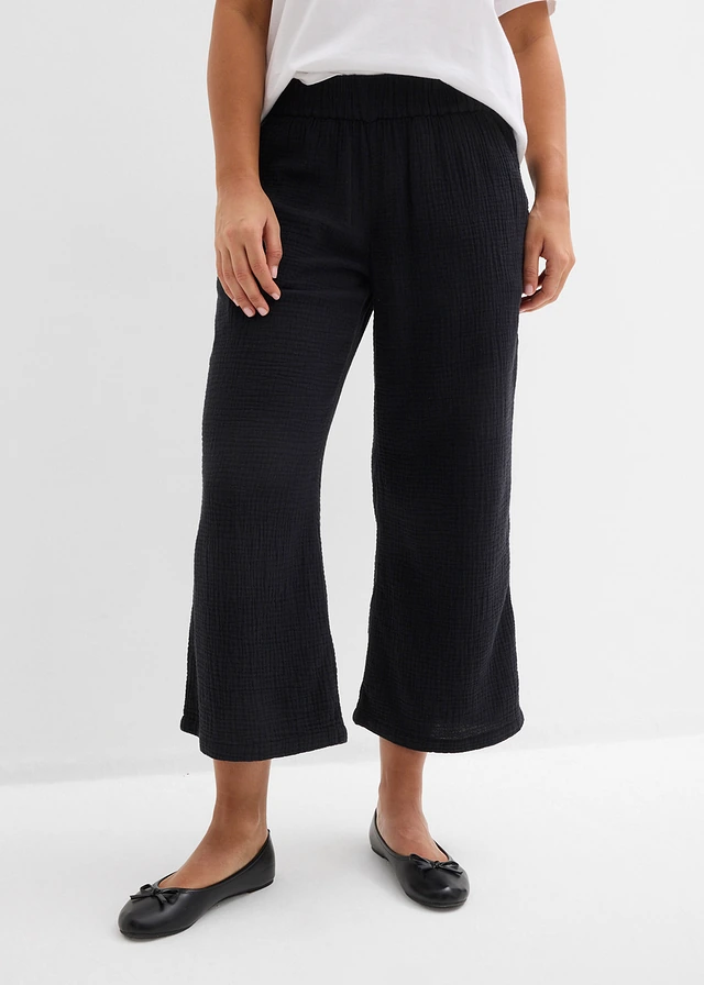 Pantalon large à pinces en gaze de coton, Couleur: noir