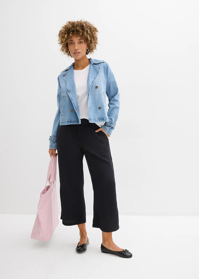 Pantalon large à pinces en gaze de coton, Couleur: noir
