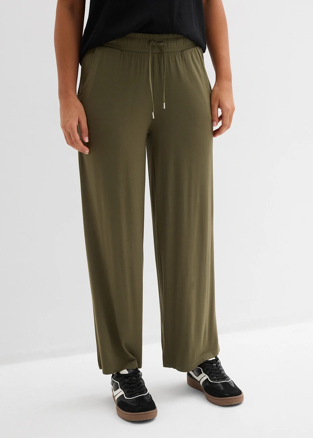 Pantalon fluide en jersey viscose extensible, Couleur: olive foncé