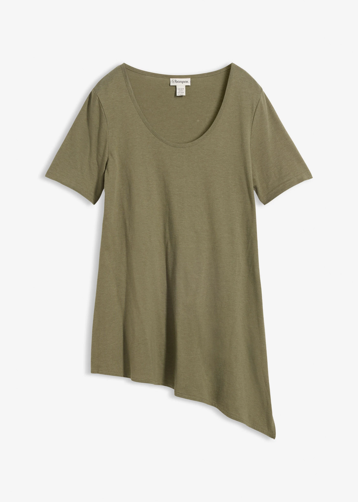 T-shirt long asymétrique en coton et viscose • olive • Boutique bonprix