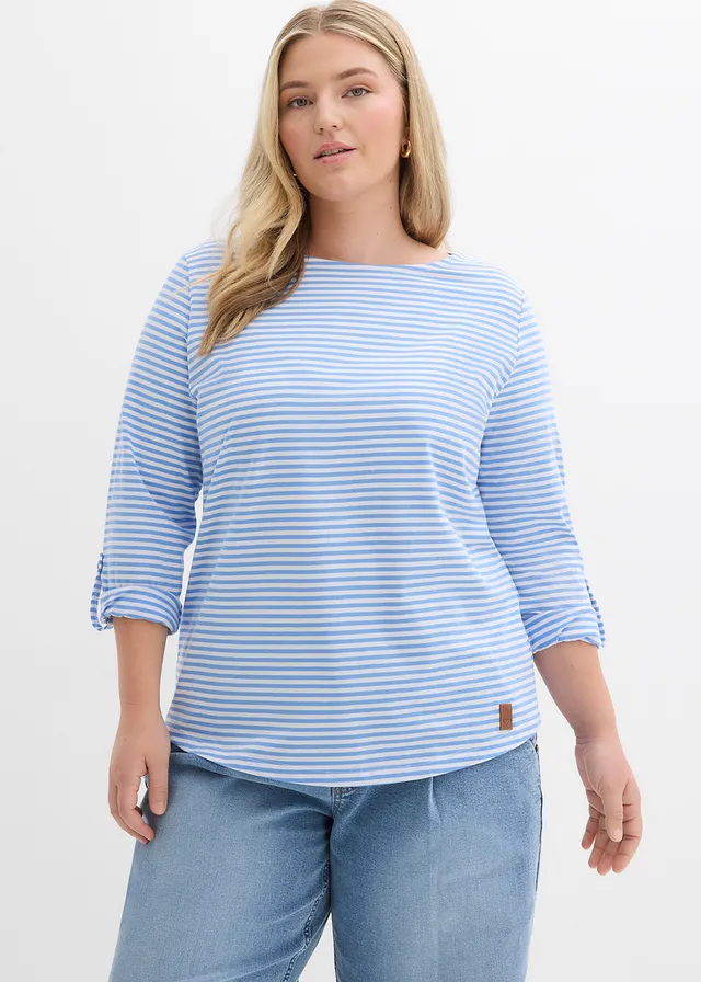 Longsleeve van puur katoen, Kleur: middenblauw-wit gestreept