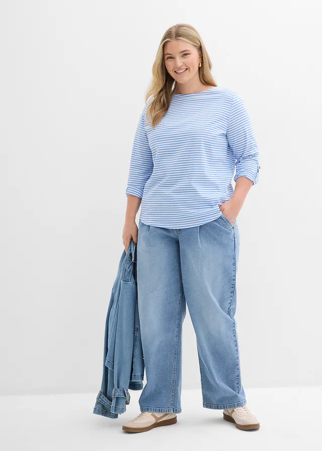 Longsleeve van puur katoen, Kleur: middenblauw-wit gestreept