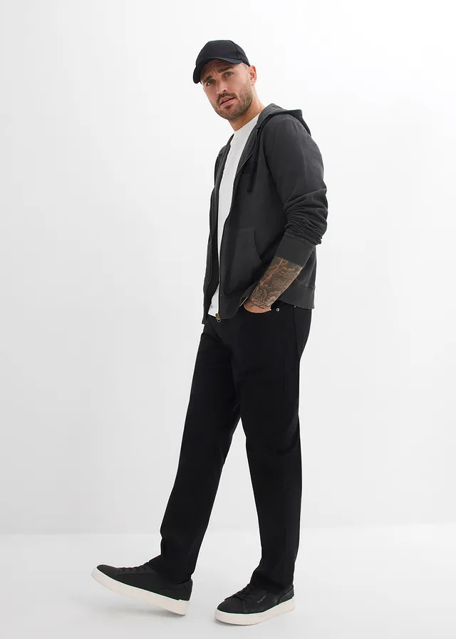 Pantalon loose et extensible à taille élastiquée, droit, Couleur: noir