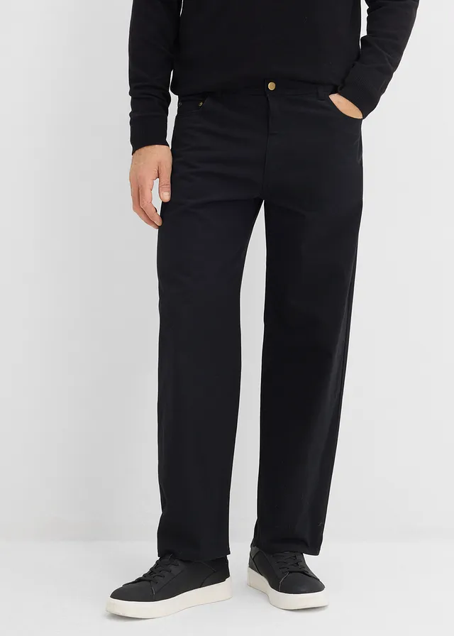Loose fit twill broek met comfortband, straight, Kleur: zwart