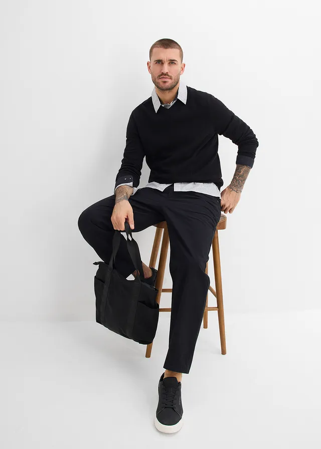 Loose fit twill broek met comfortband, straight, Kleur: zwart