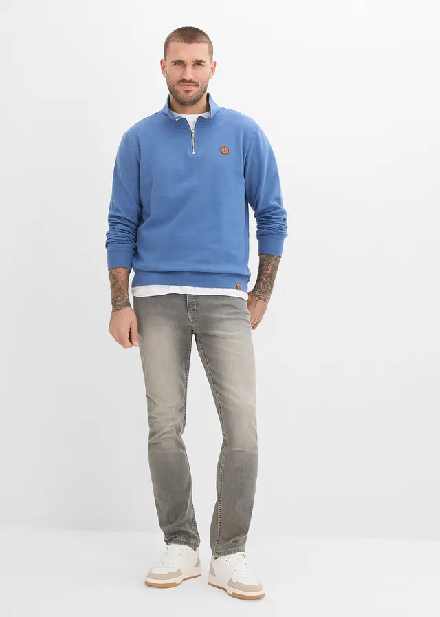 Sweat à col zippé 100% coton, Couleur: bleu jean
