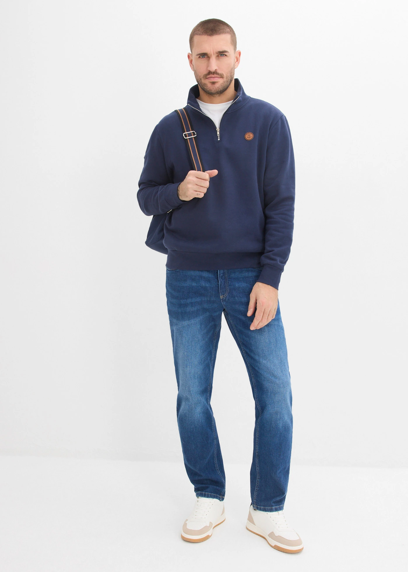 Bluza z krótkim zamkiem, z czystej bawełny organicznej • granatowy • sklep bonprix