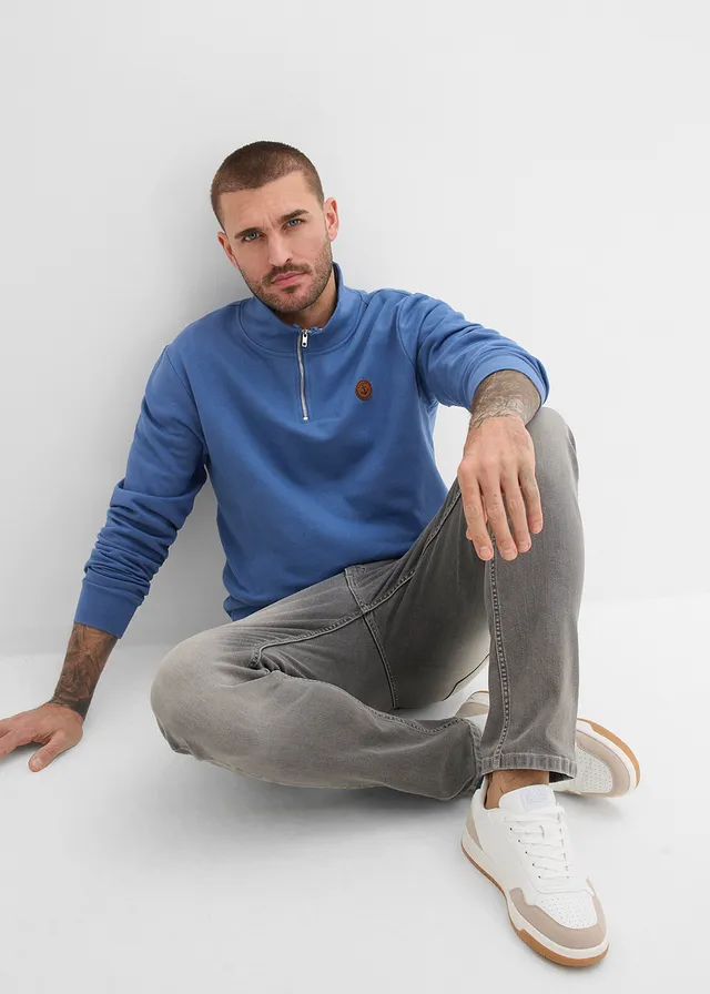 Bluza z krótkim zamkiem, z czystej bawełny organicznej • niebieski dżins • sklep bonprix