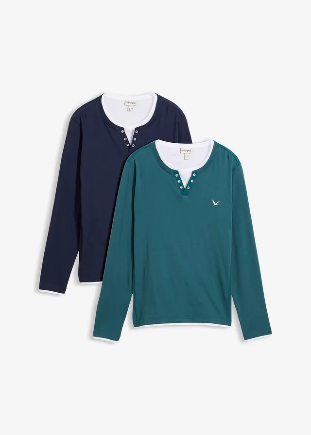 Lot de 2 T-shirts manches longues, style 2en1 • vert poivre + bleu foncé • Boutique bonprix
