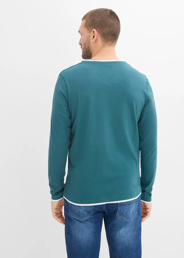 Lot de 2 T-shirts manches longues, style 2en1, Couleur: vert poivre + bleu foncé