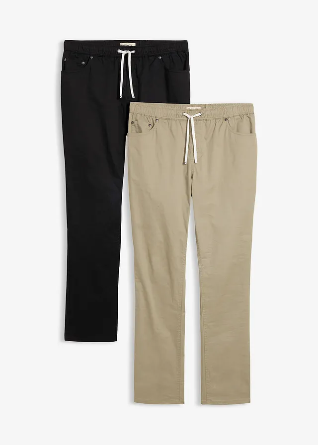 Regular fit stretch instapbroek, straight (set van 2), Kleur: zwart+new kaki