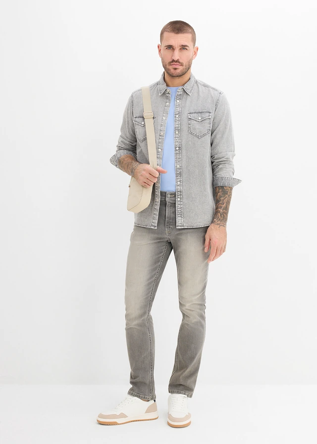 Chemise en jean 100% coton, Couleur: gris clair denim used