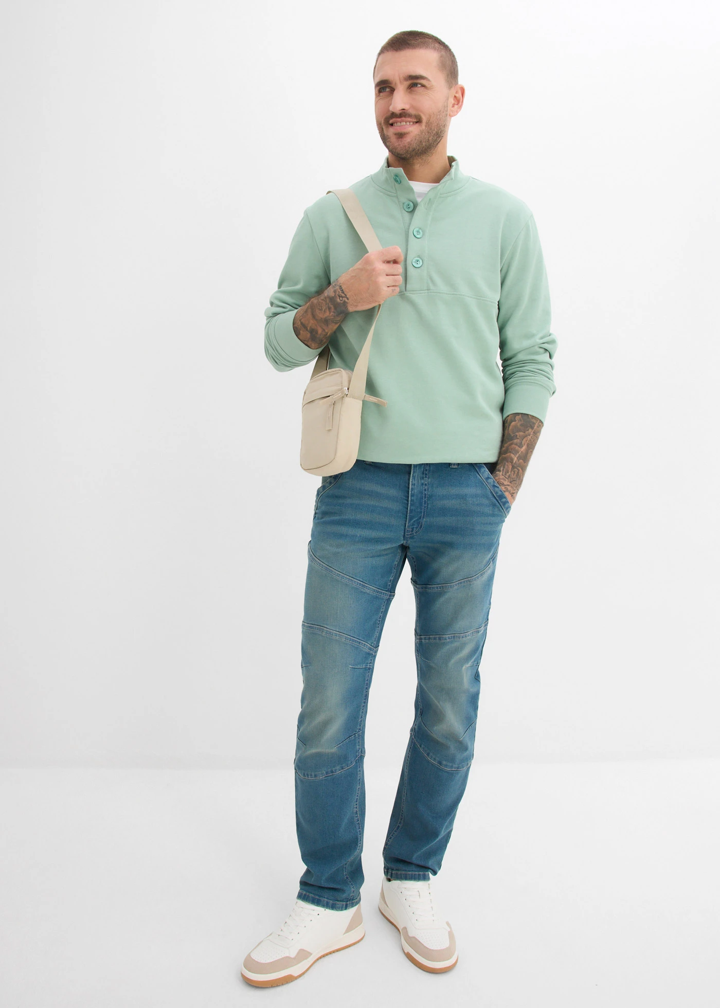 Regular fit jeans met elastische tailleband, straight • blauw denim-new beige used • bonprix online shop