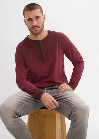 Bluzka z dekoltem henley z bawełny organicznej • bordowy used • sklep bonprix