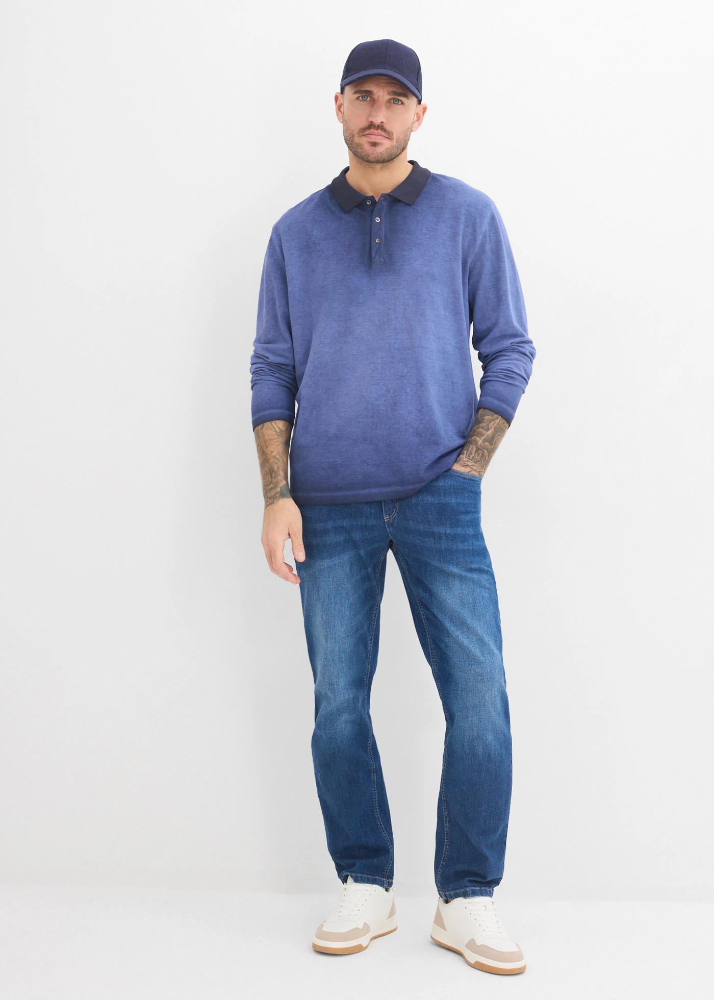 Triko polo z piké, s dlouhým rukávem a sepraným vzhledem • indigo used • bonprix obchod