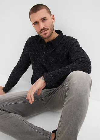 Polo manches longues 100% coton • noir chiné • Boutique bonprix