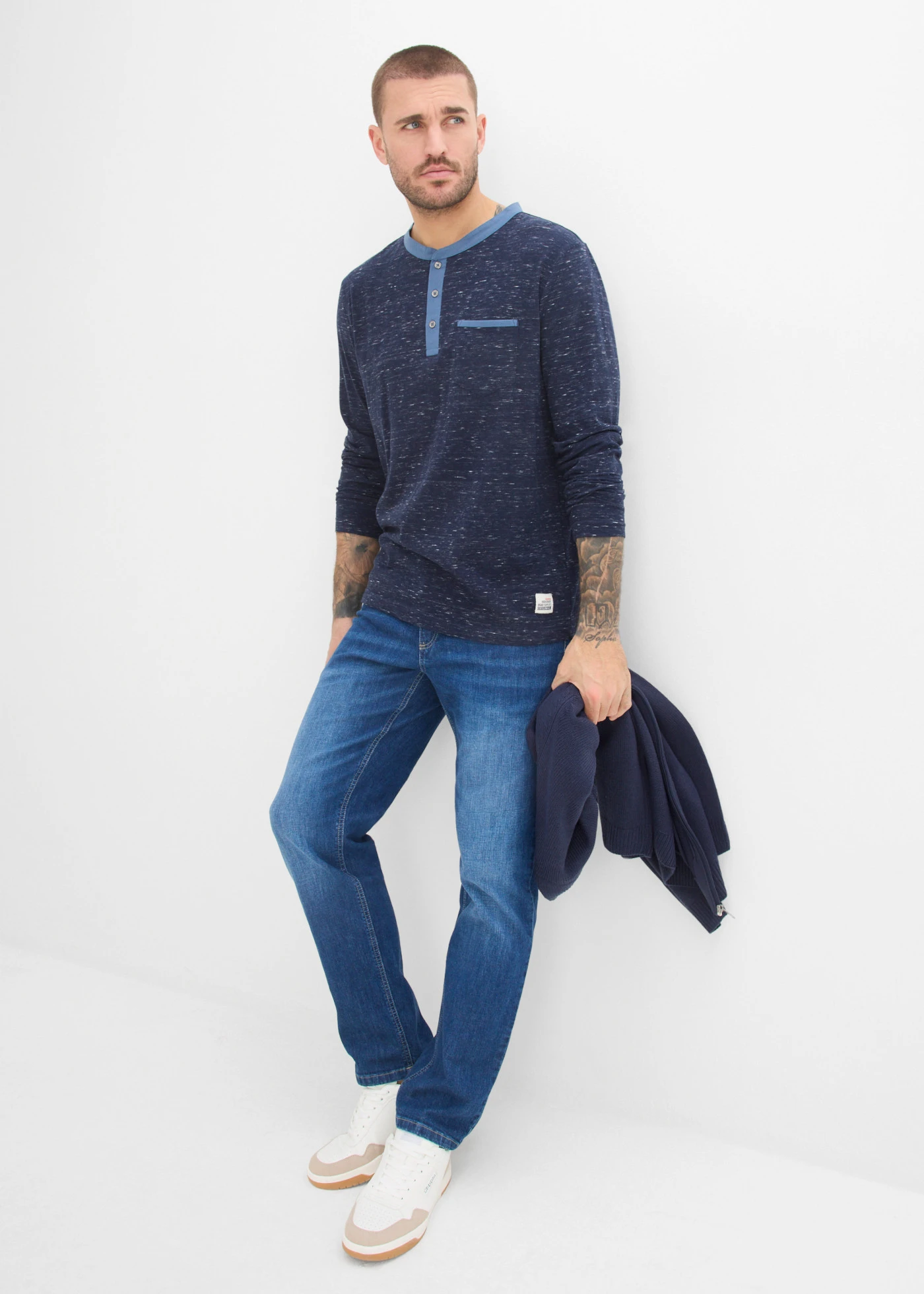 Hosszú ujjú Henley póló • sötétkék melírozott • bonprix áruház