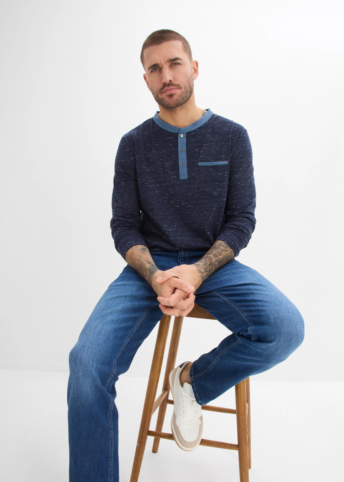Henley shirt, lange mouwen van slub garen • donkerblauw gemêleerd • bonprix online shop