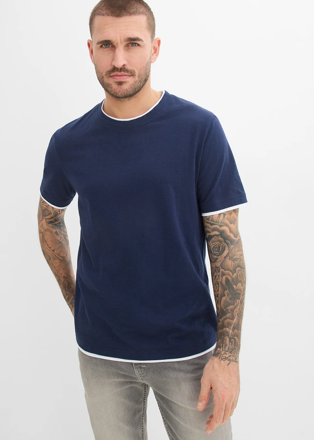 T-shirt aspect 2en1 en fil flammé, Couleur: bleu foncé