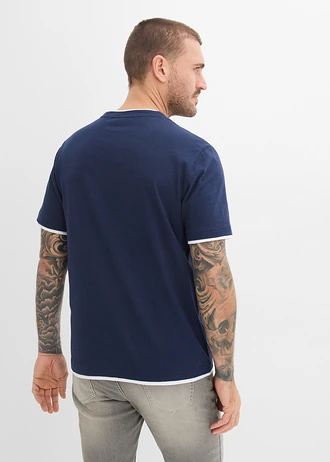 T-shirt aspect 2en1 en fil flammé, Couleur: bleu foncé