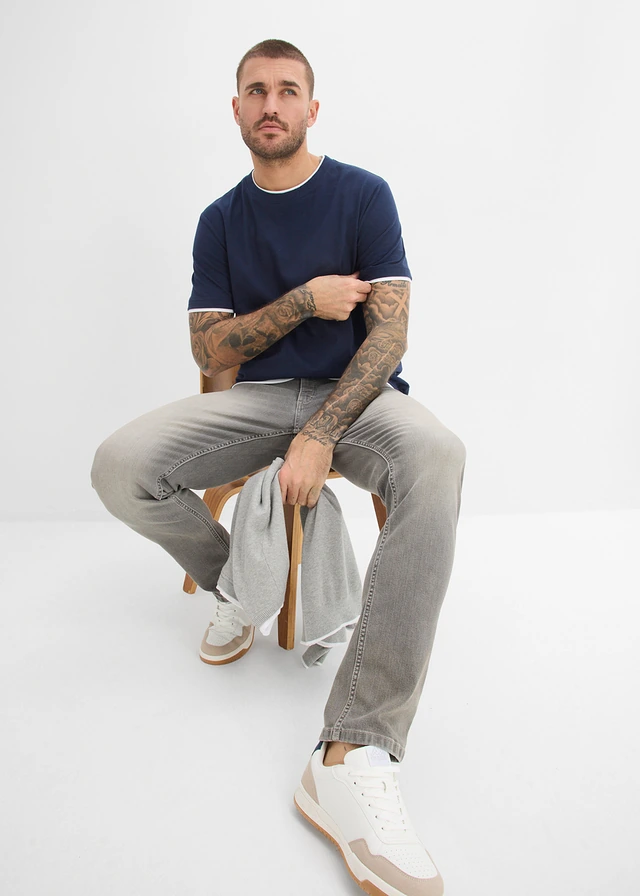 T-shirt aspect 2en1 en fil flammé, Couleur: bleu foncé