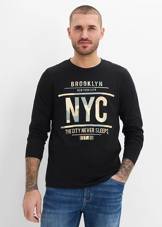 Tričko s dlhým rukávom, z bio bavlny, Slim Fit • čierna/maskáčová potlačená • obchod bonprix